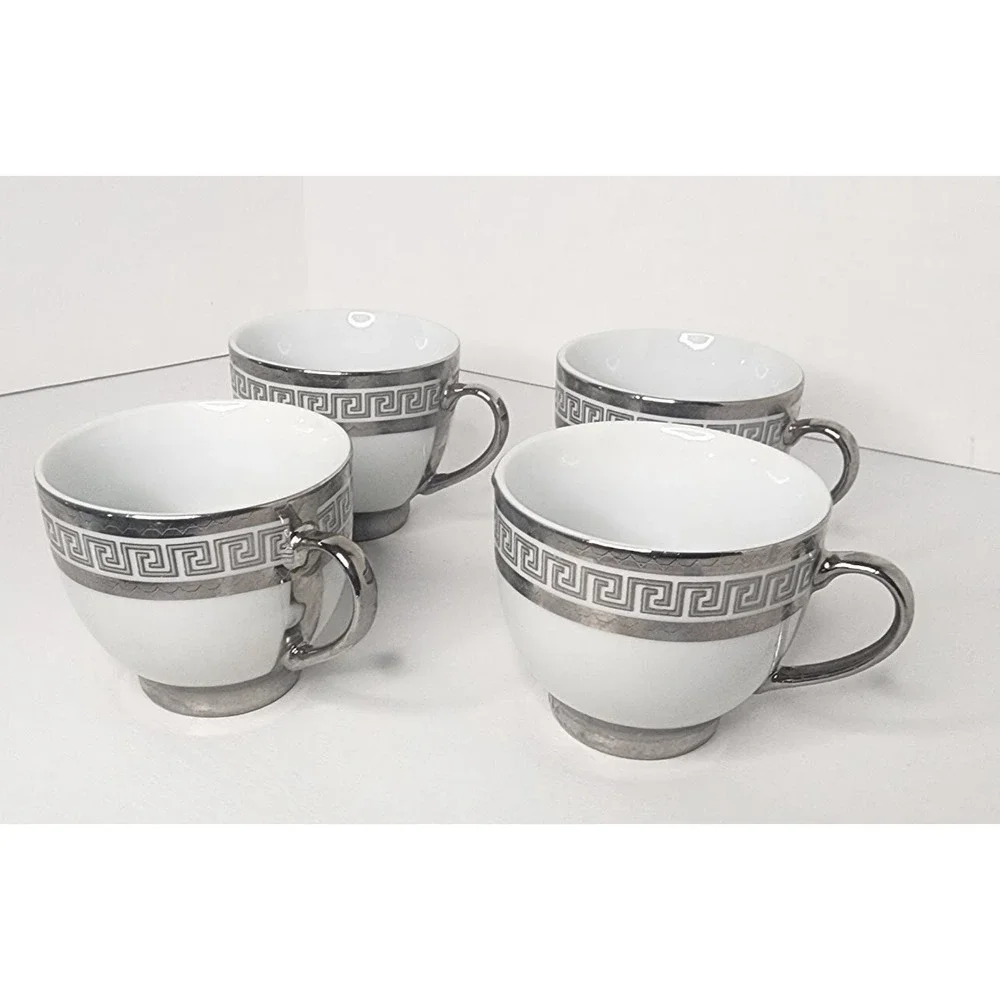 Greek Key Silver Trim Tea Cups White With Silver Trim Set of 4 Tea Cups.‎